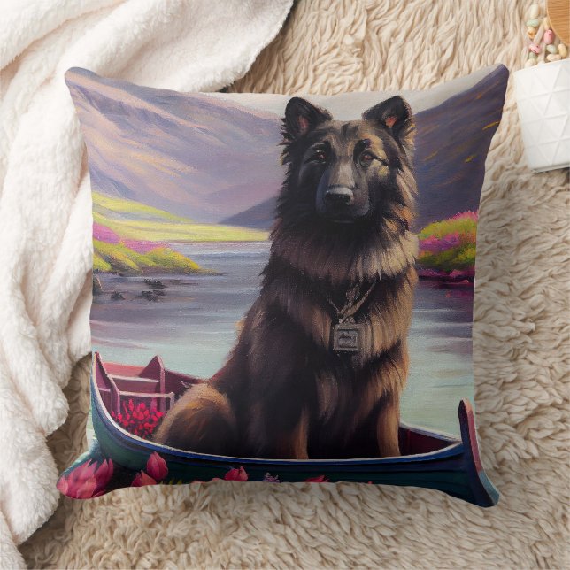 Belgian Shepherd on a Paddle: A Scenic Adventure  Throw Pillow (Blanket)