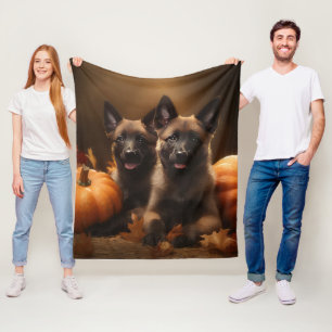 Belgian Shepherd Puppy Autumn Delight Pumpkin Fleece Blanket