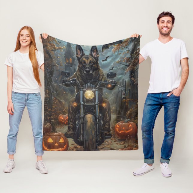Belgian Shepherd Riding Motorcycle Halloween Scary Fleece Blanket (In Situ)