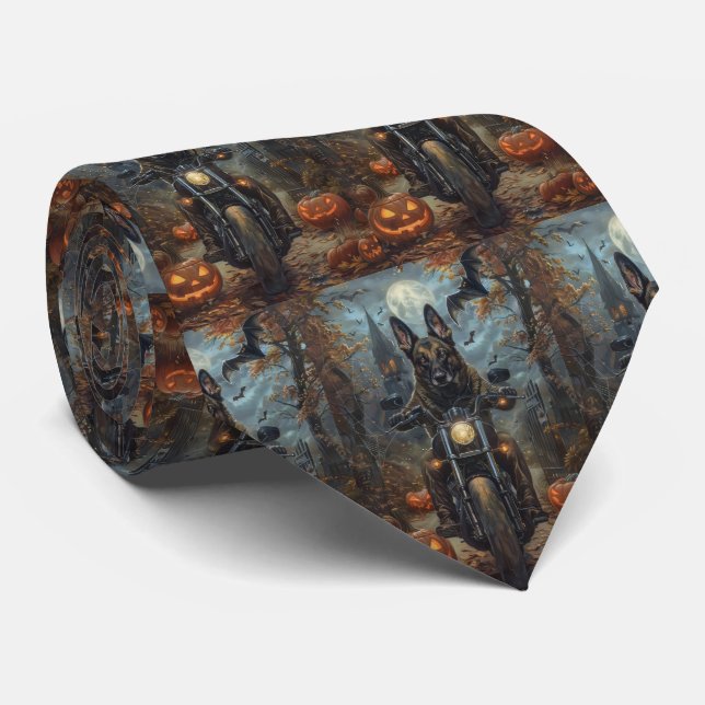 Belgian Shepherd Riding Motorcycle Halloween Scary Tie (Rolled)