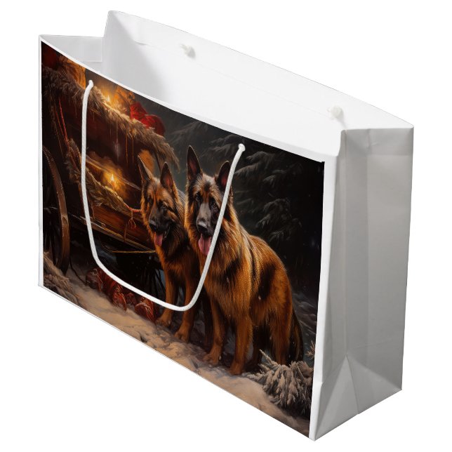 Belgian Shepherd Snowy Sleigh Christmas Decor Large Gift Bag (Front Angled)