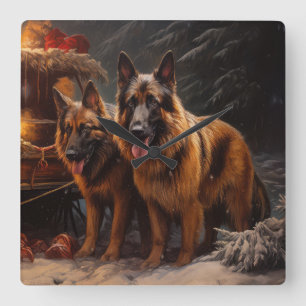 Belgian Shepherd Snowy Sleigh Christmas Decor Square Wall Clock