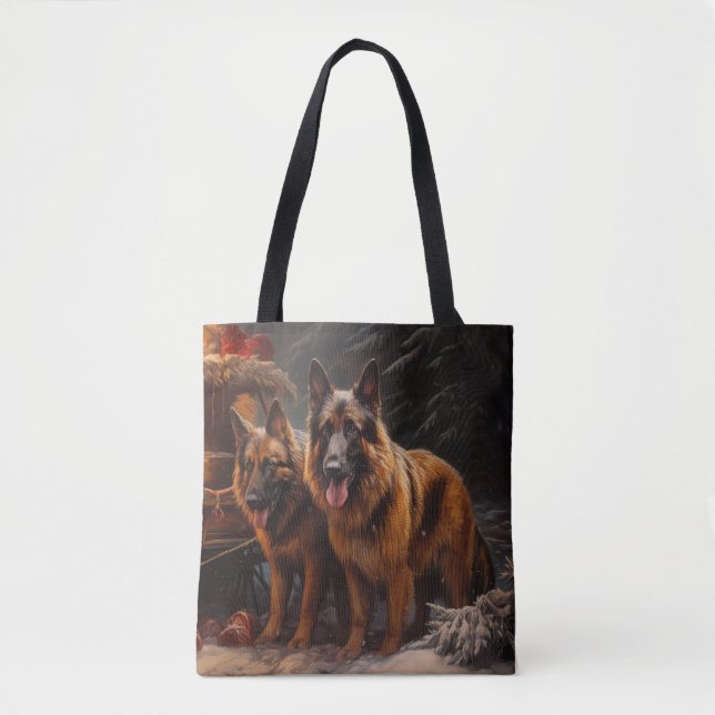 Belgian Shepherd Snowy Sleigh Christmas Decor Tote Bag (Front)