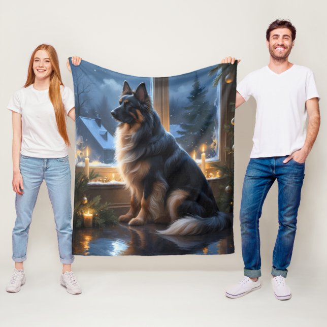 Belgian Shepherd With Christmas Lights Holiday Fleece Blanket (In Situ)