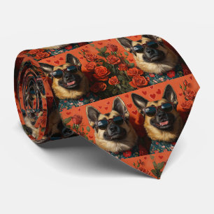 Belgian Shepherd With Heart Roses Valentine's Day Tie