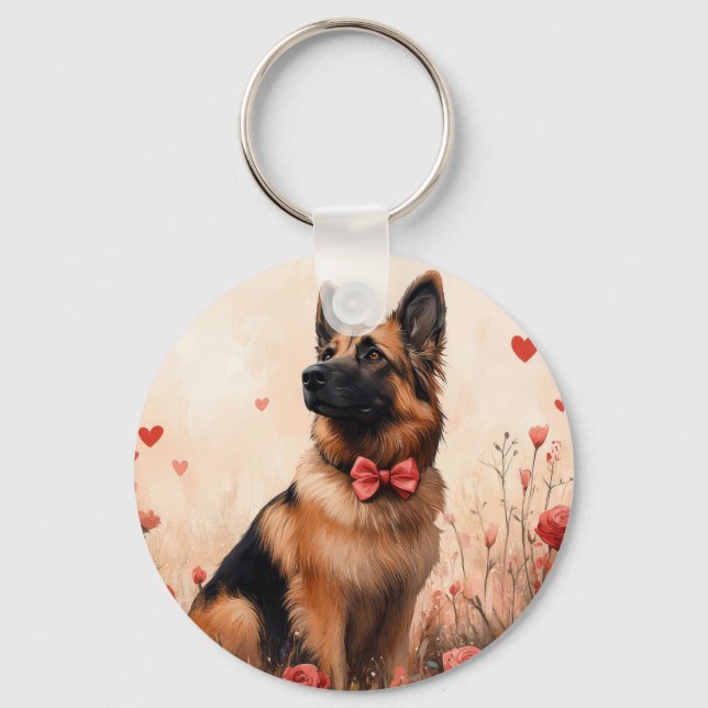 Belgian Shepherd with Roses - Valentine's Day Keychain (Front)