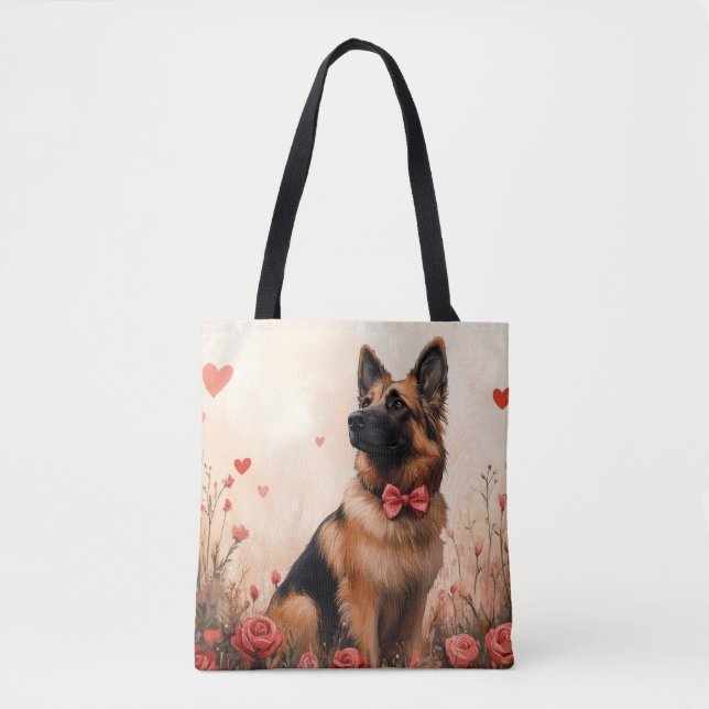 Belgian Shepherd with Roses - Valentine's Day Tote Bag (Front)