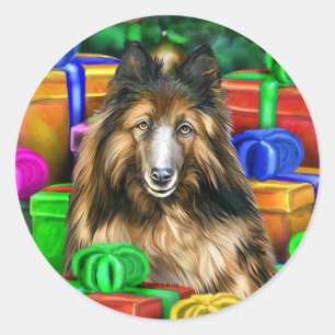 Belgian Tervuren Christmas Open Gifts Classic Round Sticker