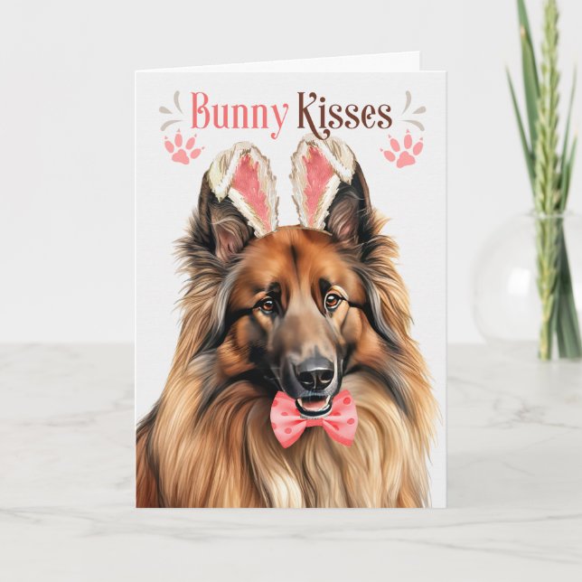 Belgian Tervuren Dog in Bunny Ears for Easter Holiday Card (Front)