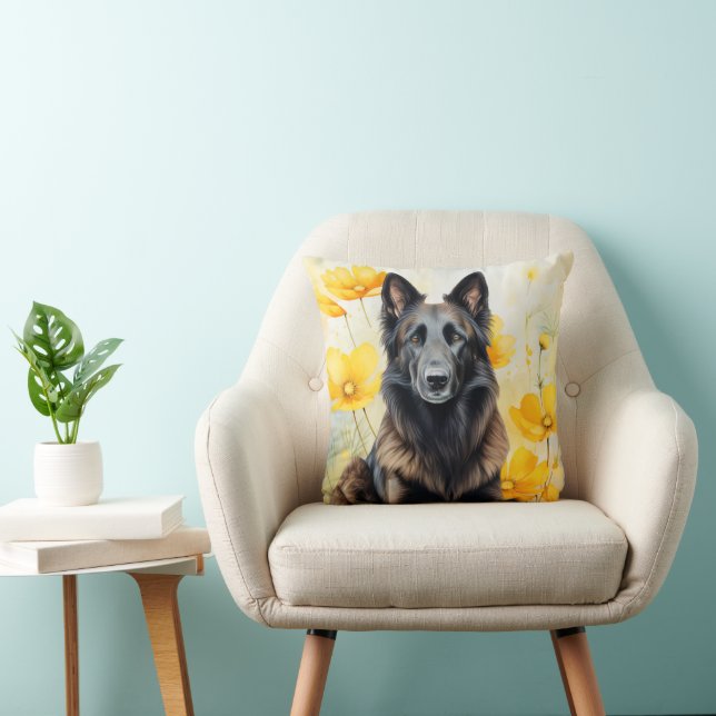 Belgian Tervuren Dog Lover and Poppies Throw Pillow (Chair)