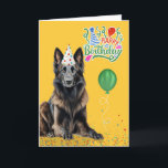 Belgian Tervuren in Party Hat on Yellow Birthday Card<br><div class="desc">Wearing a polka dot birthday hat,  this sweet Belgian Tervuren Shepherd sends off happy birthday wishes to the dog lover with cheerful array of colours and a floating balloon.</div>