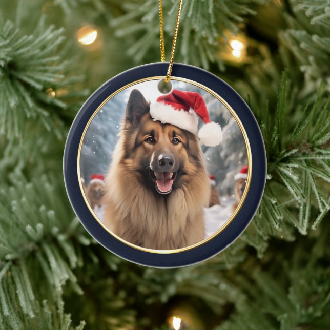 Belgian Tervuren Santa Hat Winter Forest Ceramic Ornament (Tree)