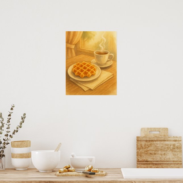 Belgian Waffle & Coffee Poster – Cozy Café Scene (Kitchen)