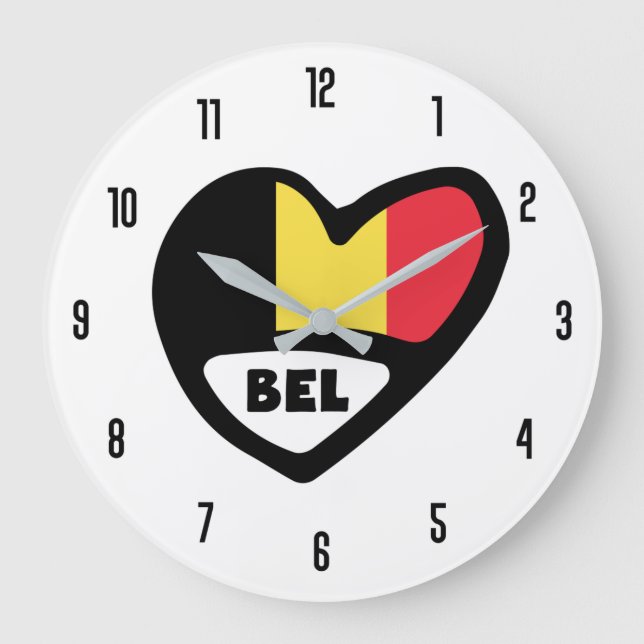 Belgium Country Code BEL België Flag Heart Large Clock (Front)