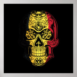 Belgium Skull And Roses Flag Poster