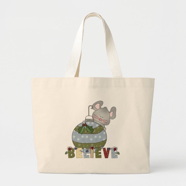 Believe Animals Grey Mouse Ornament Christmas Large Tote Bag (Front)