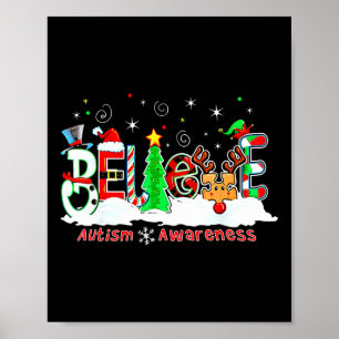 Believe Autism Awareness Christmas Tree Light Sant Poster
