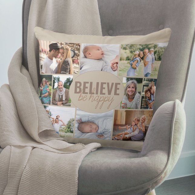 Believe Be Happy 10 Photo Collage Neutral Beige Throw Pillow (Creator Uploaded)