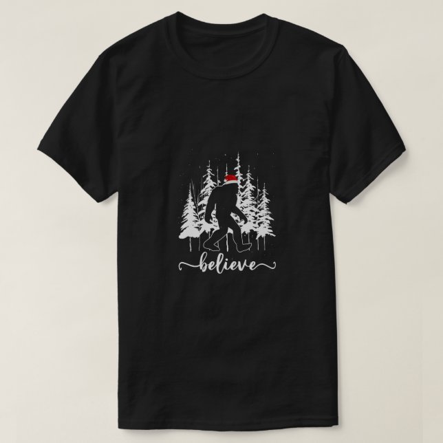 Believe Bigfoot Light Santa Squatch Christmas Tree T-Shirt (Design Front)