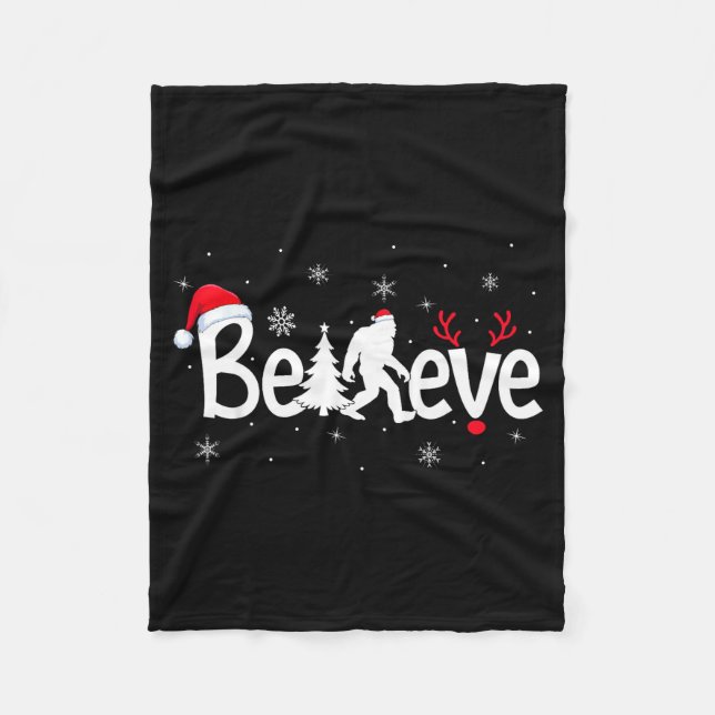 Believe Bigfoot Sasquatch Reindeer Santa Hat Merry Fleece Blanket (Front)
