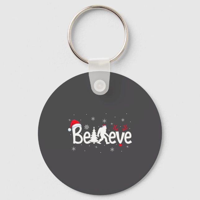 Believe Bigfoot Sasquatch Reindeer Santa Hat Merry Keychain (Front)