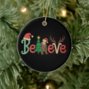 Believe Bigfoot Sasquatch Santa Reindeer Christmas Ceramic Ornament