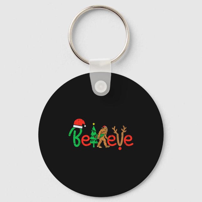 Believe Bigfoot Sasquatch Santa Reindeer Christmas Keychain (Front)
