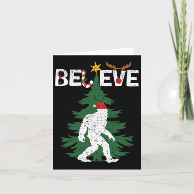 Believe Bigfoot Sasquatch Yeti Santa Hat Christmas Card (Front)