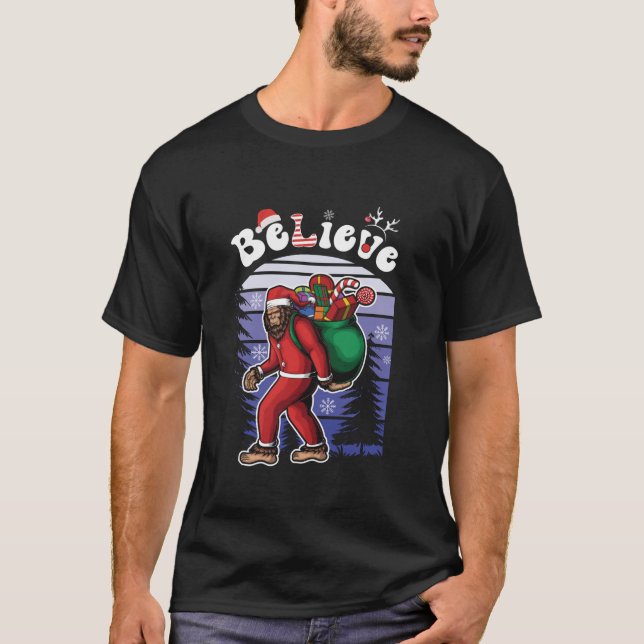 Believe Bigfoot Sasquatch Yeti Santa Hat Christmas T-Shirt (Front)