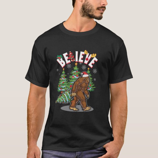 Believe Bigfoot Sasquatch Yeti Santa Hat Christmas T-Shirt (Front)