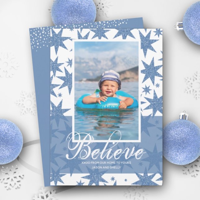 Believe Blue Glitter Stars Christmas Photo Holiday Card (Creator Uploaded)