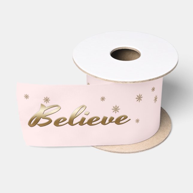 Believe. Blush Pink Gold Christmas Gift  Satin Ribbon (Spool)