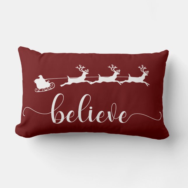 Believe | Burgundy Christmas Holiday Lumbar Pillow (Front)
