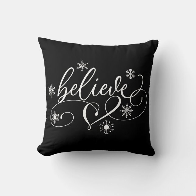 Believe Calligraphy Christmas Throw Pillow (Front)