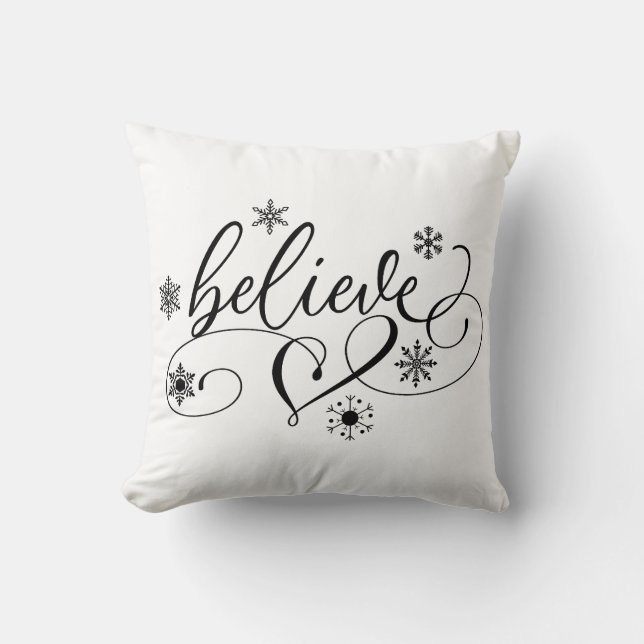 Believe Calligraphy Christmas Throw Pillow (Front)