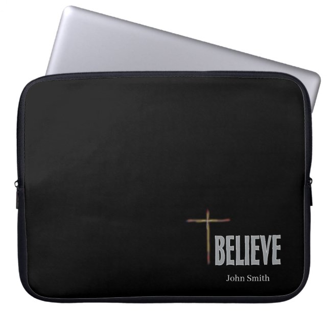 Believe Christian Cross Custom Name Black Laptop Sleeve (Front)