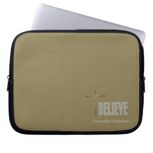 Believe Christian Cross Custom Name Ladies Gold Laptop Sleeve