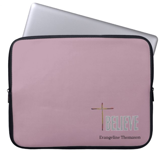 Believe Christian Cross Custom Name Ladies Laptop Sleeve (Front)