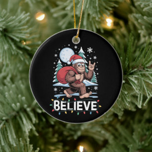 Believe Christmas Bigfoot Sasquatch Santa Hat Moon Ceramic Ornament