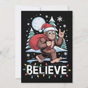 Believe Christmas Bigfoot Sasquatch Santa Hat Moon Invitation