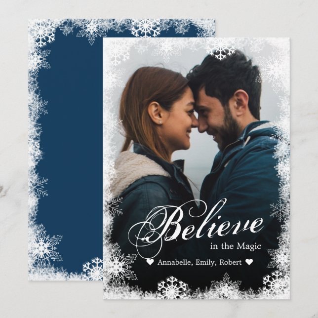 Believe Christmas Cards Modern Snowy Holiday Photo (Front/Back)