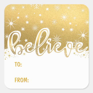 Believe Christmas Gold Handwritten To-From Gift Square Sticker