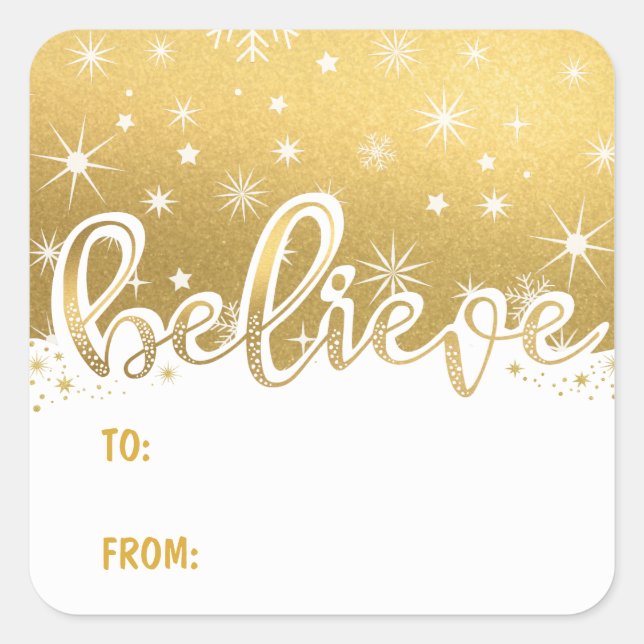 Believe Christmas Gold Handwritten To-From Gift Square Sticker (Front)