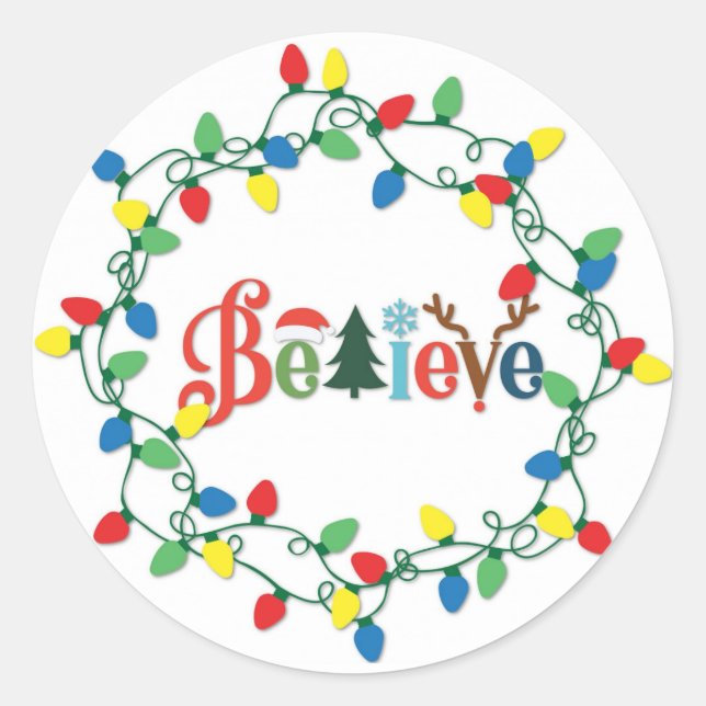 Believe Christmas Holiday Lights Classic Round Sticker (Front)