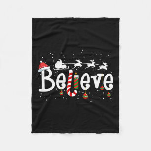 Believe Christmas Santa Claus Reindeer Candy Cane  Fleece Blanket