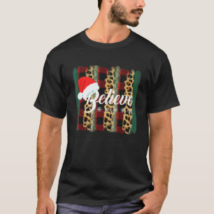 Believe Christmas Santa Hat Leopard Print Buffalo T-Shirt