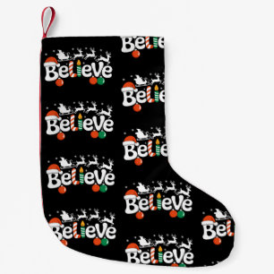 Believe Christmas Santa Sleigh Reindeer Candy Cane Small Christmas Stocking