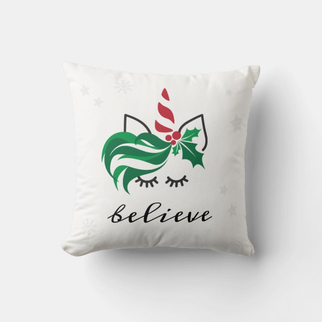 Believe Christmas Unicorn Throw Pillow (Front)
