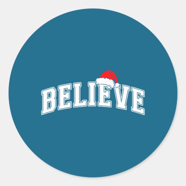 Believe Christmas Varsity Text With Santa Hat Fami Classic Round Sticker (Front)