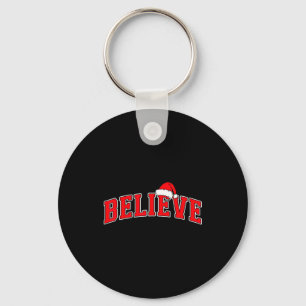 Believe Christmas Varsity Text With Santa Hat Fami Keychain